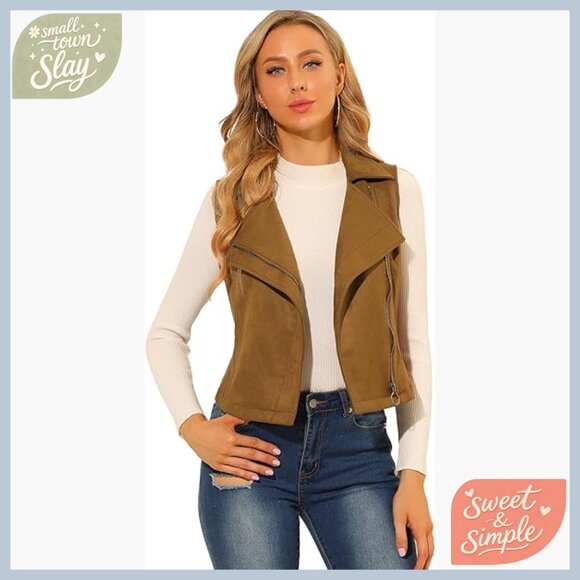 Faux Suede Moto Vest Sleeveless Biker Jacket Regular Fit Cropped